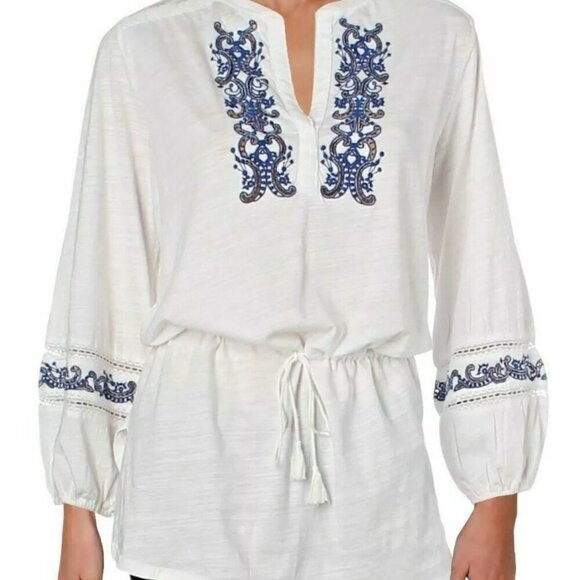 Ralph Lauren Tunic Top Blouse Medium White Blue Embroidered Summer Vacation - Picture 2 of 9